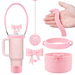 lot 6071 image: HIUSITY 4Pcs Pink Bow 10mm Straw Covers Cap Toppers for Stanley Cup 40oz,Silicone Boot Sleeve Protector Bumper,Reusable Water Bottle Handle Strap,Cute Tea Strainer for Stanleys Cups Accessories Set