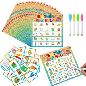 lot 6135 image: Soulchen 52 Pcs Birthday Dry Erase Bingo Game 24 Players Happy Birthday Bingo Cards with Dry Erase Markers for Family Party Supplies Gifts Activities Board Game Holiday