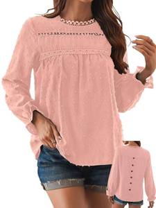 lot 6184 image: Falechay Long Sleeve Shirts For Women Cute Womens Work Tops Sexy Crochet Crewneck Button Down Shirt Pink Blouses Dressy Casual Fashion Fall Trendy Loose Fit Hollow Boho Chiffon Solid Plus Top XXL