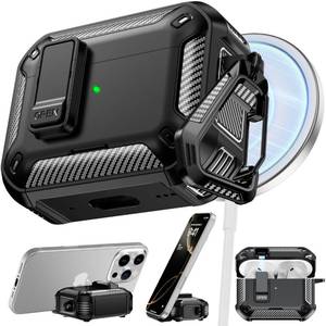 lot 6190 image: RFUNGUANGO AirPods Pro 3 Case, Compatible with Apple AirPods Pro 3rd Generation(2025) Protective Case with Phone Holder & Cleaning Kit, Magnetic Automatic Lock, Compatible with Magsafe, Black