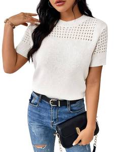 lot 6193 image: RICHSTORY Womens Short Sleeve Sweaters Casual Spring Fashion Tops 2026 Lightweight Hollow Out Knit Sweater Shirts Tunic Blouses Summer Clothes White Small