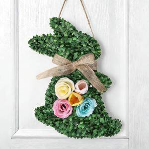 lot 6202 image: Easter Bunny Wreath Front Door Wooden Rabbit Hanger Floral Leaves Burlap Bow Rustic Spring Farmhouse Wall Decor Indoor Outdoor Party