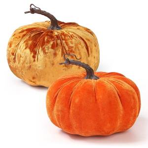 lot 9275 image: Coferset 2pcs Large Velvet Pumpkins Decor Set,Artificial Fall Pumpkin Decor for Halloween Thanksgiving Harvest Table Centerpieces(Orange&Gold)