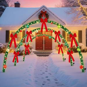 lot 9276 image: Vivantia 3 Sets Large Christmas Lighted Arch Outdoor Garland Archway Tunnel Decor with Christmas Balls, Red Bows, Solar LED with 8 Modes, Metal Stakes and Ties for Xmas Holiday Party Garden Lawn