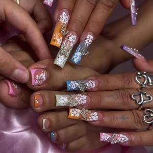 lot 10017 image: 48Pcs Press On Nails Set - Flower, Butterfly, Acrylic, Square & Short Toenails - Colorful Stick On Nails for Women