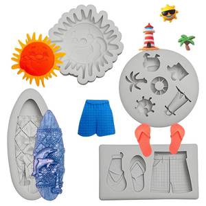 lot 10024 image: Beach Theme Silicone Mold Set for Crafts, Surfboard, Sun, Sandals, Slipper Shapes��Ocean Series Cake Decoration Chocolate Molds For Cupcake Topper Clay Candy Resin
