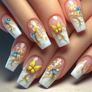lot 10038 image: 24 Pcs Ombre Press on Nails Medium Square, ZIFANHU Cute Fake Nails Press ons Rhinestones Nail Tips Glue on Nails Full Cover Acrylic False Nails with Butterfly Design Stick on Nails for Women Girls