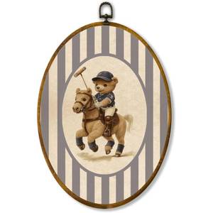 lot 10043 image: Rustic Preppy Old Money Style Polo Teddy Bear Oval Canvas Framed Art Prints, Retro Striped Cute Riding Bear Wall Hanging Decorations for Farmhouse Bedroom Bathroom Living Room Nursery, 8.5x11.5 Inch