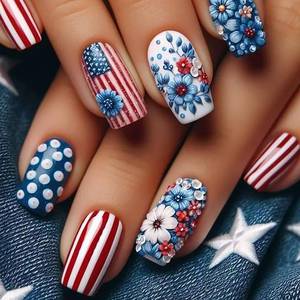 lot 10054 image: 4th of July Press on Nails Medium Independence Day Fake Nails Patriotic False Nail Tips Square Shape Acrylic Nails Flower Stripe Design Glossy Stick on Nails Cute Glue on Nails for Women