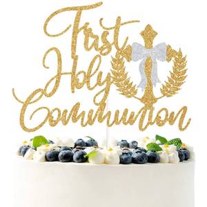 lot 10058 image: Gold Glitter First Holy Communion Cake Topper, Bowties Tying Cross Wheat Ears Decor, Religious Christening Baptism Baby Shower Party Decorations Supplies