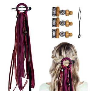 lot 10110 image: Handmade Boho Hair Barrette Hair Tie Braided Suede Wood beads Hair Pins Hair Extension Tassels DIY Beads Ponytail Holders Hair Accessories for Women (Red)