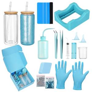 lot 19042 image: Foxtell 18 Pcs Snow Globe Tumbler DIY Kit 16 oz Pre Drilled Wall Double-Wall Snow Globe Cups with Lids Glitter Tools & Accessories Complete Craft Set for Making Custom Glitter Tumblers (Blue)