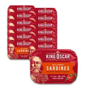 lot 20013 image: King Oscar Premium Sardines in Zesty Tomato Sauce, 3.75 Ounce Cans (Pack of 12), Wild Caught Canned Sardines