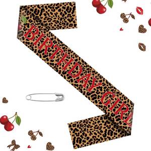 lot 20353 image: Aposwow Cheetah and Cherry Birthday Sash - Cheetah Satin Print Cherry Theme Party Sash, Girls Nights Women Birthdays Leopard Party Decoration Supplies