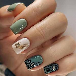 lot 20376 image: Short Press on Nails Green Leopard Print Square Fake Nails Acrylic Full Cover False Nails with Gold Foil Graphic Designs Glossy Glue on Nails Short Stick on Nails for Women Girls 24 Pcs