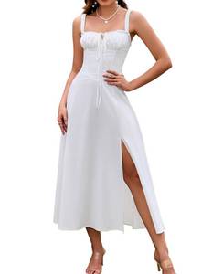 lot 20475 image: GLNEGE Womens Summer Milkmaid Midi Dresses Casual Corset Flowy Graduation Square Neck Dress Lace Up A-line Sundress 2025 White XL
