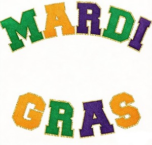 lot 10022 image: 9 Pcs Carnival Iron On Patches Set, Purple Gold Green Glitter Letter Patch, Carnival Patches Iron On Transfers Fit for Clothing Hats DIY Craft, Carnival Party Accessories