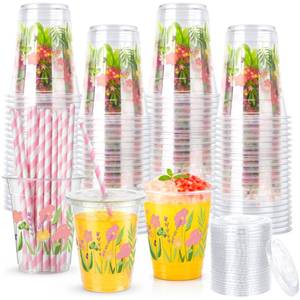 lot 1645 image: Ovveroche 60Pcs 12oz Floral Plastic Cups with Lids and Straws