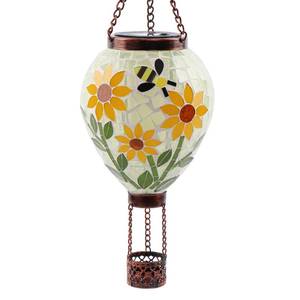 SAVENNA Mosaic Glass Hot Air Balloon Solar Lantern, Flickering Flame Effect Hanging Solar Light, Warm Yellow Sunflower Glow for Garden Patio Yard Outdoor Decor