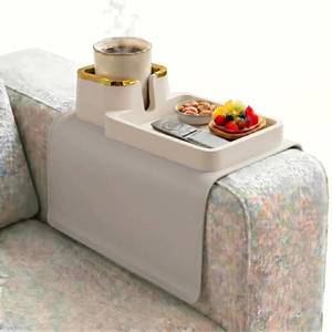 lot 1649 image: SPACORA Luxury Gold Trim Couch Cup Holder Tray - Weighted Anti-Spill Cream Beige Silicone Sofa Armrest Organizer, Non-Slip Recliner Tray Table for Drinks, Remote, Phone - Fits Most Couch Arms