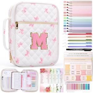 lot 1653 image: XKDOUS Bible Cover Case with Tabs, Study Supplies Church Book Carrying Case Holder Bible Bag Journaling Kit Organizer Christian Gifts for Women, Mom, Lady (Pink Bow with Letter M)
