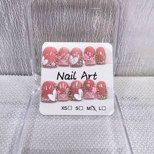 lot 2072 image: Handmade Press on Nails Square Short Fake Nails Pink French Tip with 3D Flower Designs Rhinestones Glossy luxury Cute Acrylic Nails for Women 10pcs (Size M��