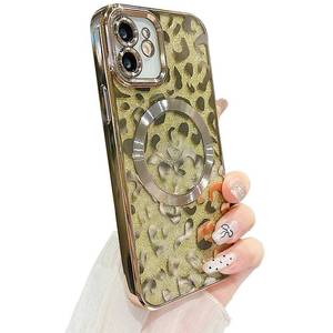 lot 4019 image: ZONRW for iPhone 12 Case Magnetic,Soft Cute Luxury Leopard Cheetah Pattern Plating Glitter Bling Phone Case Compatible with MagSafe Clear Shockproof Back Cover for Women Girl 6.1-Gold