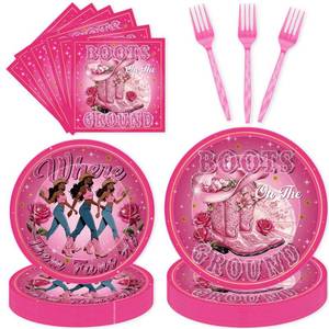 lot 4034 image: 96 Pcs Cow Girl Boots Party Decorations, Western Boots Disposable Dinnerware Set, Includes Plates, Napkins & Forks for 24 Guests, Rustic Birthday Baby Shower Party Supplies
