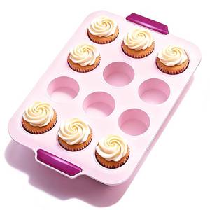lot 4102 image: Nauvora Silicone Mini Muffin Pan with Metal Frame - 12 Cups Non-Stick Cupcake Muffin Pan for Even Heating, Oven Freezer Dishwasher Safe, Easy Release Clean, Dia 2.09 Inches, Pink 1 Pcs