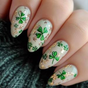 lot 4115 image: St Patricks Press on Nails - Medium Almond Fake Nails, Green Shamrock False Nails with Gold Glitter Design, Full Cover Glue on Nails for Women Saint Patricks Day Manicure 24Pcs