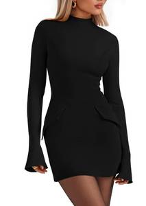 lot 4177 image: PRETTYGARDEN Womens Short Formal Dresses Fall Long Sleeve Mock Neck Elegant Cocktail Party Club Bodycon Mini Dress (Black,Large)