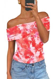 lot 4190 image: PRETTYGARDEN Off The Shoulder Tops for Women Summer Short Sleeve Ruched Slim Fit Shirts Blouses Y2K Going Out Top (Floral Light Orange,Small)