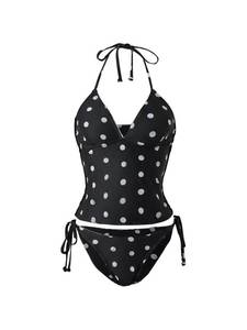 lot 4200 image: BEAUDRM Womens Tankini Swimsuit 2 Piece Polka Dots Halter Tankini Set Tie Backless Y2k Coquette Bathing Suit Black and White Large