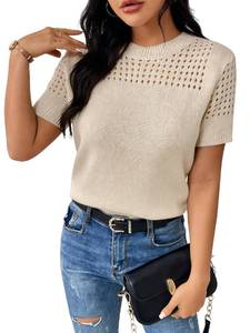 lot 4201 image: RICHSTORY Short Sleeve Sweaters for Women 2026 Casual Round Neck Summer Tops Comfy Lightweight Hollow Out Knit Pullover Sweater Spring Shirts Apricot Medium