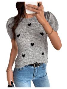 lot 6330 image: Verdusa Womens Heart Print Puff Sleeve Lightweight Sweaters Dressy Casual Fuzzy Pullover Trendy Knit Tops Grey Medium