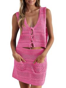 lot 6391 image: Saodimallsu Womens Crochet Swim Cover Up 2 Piece V Neck Sleeveless Front Tie Crop Tops Beach Mini Skirt Coverup Set Rose Red size M