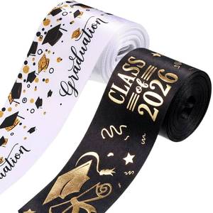 lot 6432 image: WILLBOND 2 Rolls Class of 2026 Graduation Craft Ribbons 78 Inch x 10 Yards Congrats Grad Black White Gold Satin Ribbon for Graduation Party Favors Ribbon for Wrapping Gifts Headband Bow