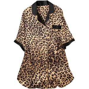 lot 6451 image: CLeemuziN Womens Leopard Satin Nightgowns with Pockets Sleepshirt Boyfriend Sleepwear Button Down Turn Down Sleepshirt size M
