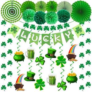 lot 10118 image: Butie 41 Pcs St Patricks Day Decorations, Pre-Assembled Shamrock Banner Garland, Hanging Swirls, Paper Fans & Pompoms for Office & Home Wall Door, Irish Party Supplies
