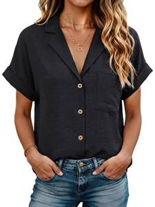 lot 10124 image: DANAZANA Women Button Down Shirts Short Sleeve Blouses V Neck Collared Button-up Tops S-3XL