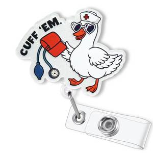 lot 10156 image: Cuff Em Funny Goose Badge Reel Retractable, Funny Acrylic Badge Reel for Nurse Nursing Student RN CNA LPN Doctor & Medical Worker, Cute Nurses Week Gifts, Silly Goose Cuff Em Badge ID Holder for Work