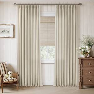 lot 13976 image: Beige Oatmeal Linen Pinch Pleated Curtains 90 Inch Length 2 Panels Set for Living Room Pinch Pleat Curtains with Back Tab Light Filtering Semi Sheer Drapes for Bedroom Dining Room Window 40x90
