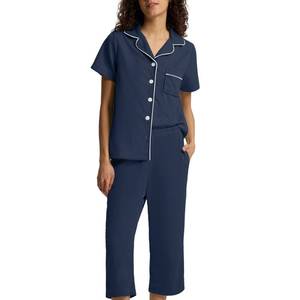lot 14054 image: SIORO Capri Pajamas Set for Women, Button Down Sleepwear Short Sleeve Loungewear, Waffle Knit Top with Capri Pants Pjs Navy Blue