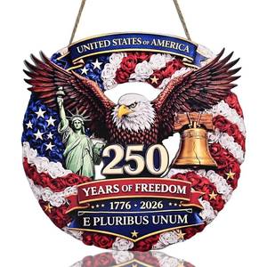 lot 14063 image: 250th Anniversary Decoration Wooden Eagle Sign 1776-2026 Freedom Door Wreath Patriotic Independence Day Door Hanger for Front Door Patriotic Wreath for Party Supply Outdoor Decor Hanging Sign