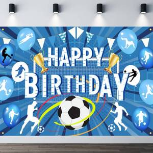lot 14124 image: Soccer Birthday Banner, Happy Birthday Soccer Banner, with Trophy Goal Designs, Blue White Football Theme Backdrop, for Boys, Girls, Adults, Photography Background, Birthday Celebrations