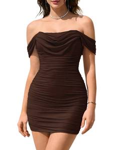 lot 14127 image: KUTUMAI Women Sexy Off Shoulder Mini Dress Corset Bodycon Ruched Short Cocktail Party Club Dresses Brown L