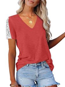 lot 14130 image: Eachyes V Neck T Shirts for Women Short Sleeve Cute Casual Summer Tops and Blouses 2024 Red X-Large