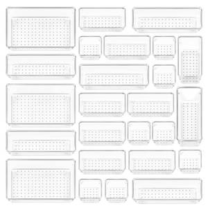 lot 14132 image: Vtopmart 25 PCS Clear Plastic Drawer Organizers Set, 4-Size Versatile Bathroom and Vanity Drawer Organizer Trays, Storage Bins for Makeup, Bedroom, Kitchen Gadgets Utensils and Office