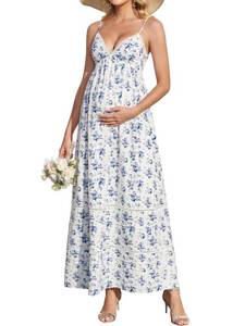 lot 14138 image: KUTUMAI Summer Lace V Neck Maternity Maxi Dresses for Women 2026 Casual Floral Long Flowy Photoshoot Baby Shower Dress BlueFloral L