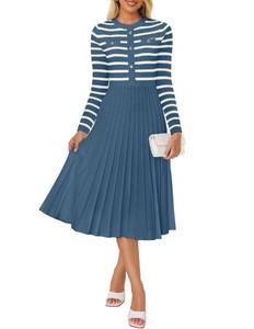 lot 14143 image: ZESICA Womens Long Sleeve Striped Midi Dresses Crewneck Button Ribbed Knit Pleated A Line Swing Sweater Dress,Dark Blue,Medium